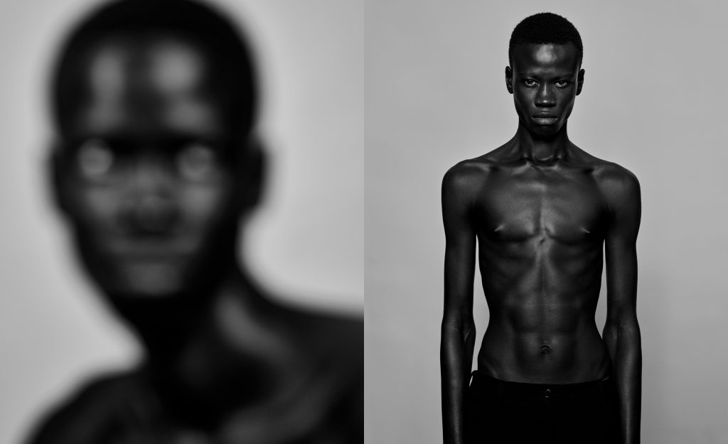 Portrait beaute pour une marque de cosmétique en studio d’un homme avec une lumière intense sa peau brille et son regard est puissant – photographie par Olivier Jeanne-Rose