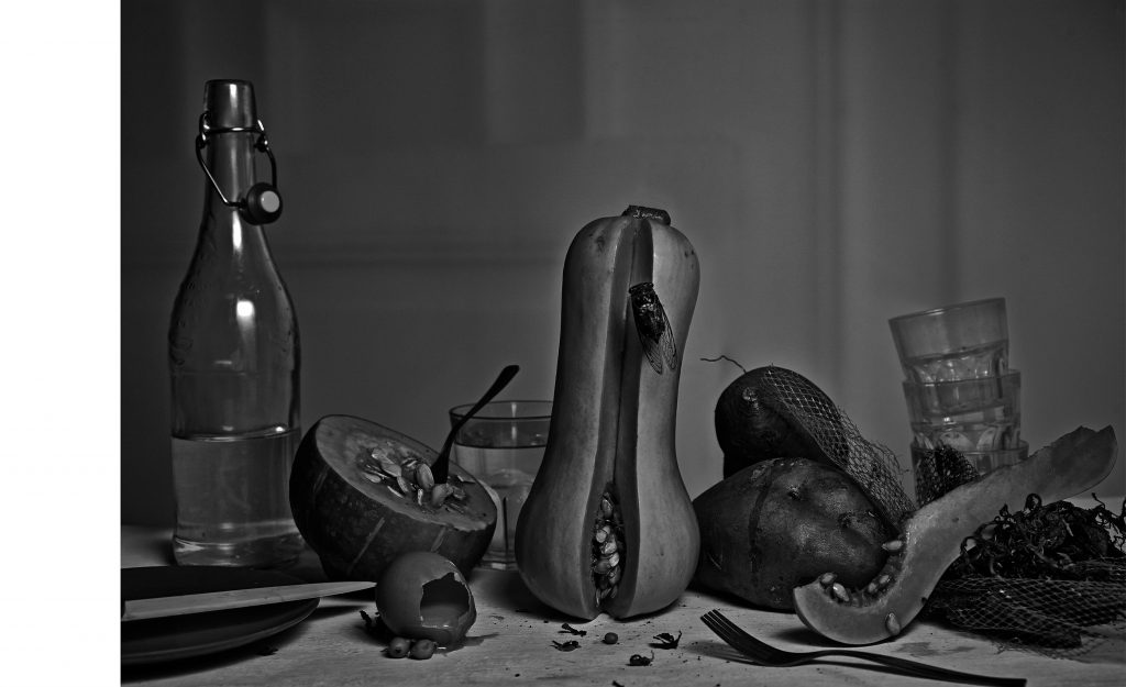 Photographie d’intérieur avec ambiance dense et sombre des restes d un repas étrange et narratif– Olivier Jeanne-Rose