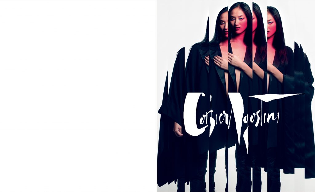 Collage en studio d’une femme avec lumière colorée et une composition avant gardiste issue d une campagne publicitaire de mode – photographie par Olivier Jeanne-Rose