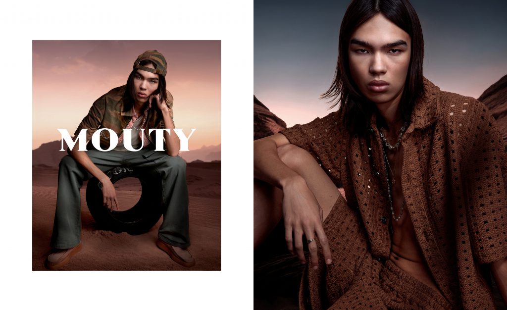 Portrait en extérieur dans un décor de désert d’un homme avec lumière de fin de journée pour la marque Mouty de vetements de luxe– photographie par Olivier Jeanne-Rose
