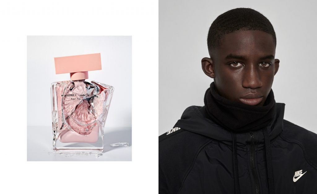 Nature morte minimaliste avec objets de luxe parfum détruits avec en fac un homme en studio – photographie par Olivier Jeanne-Rose