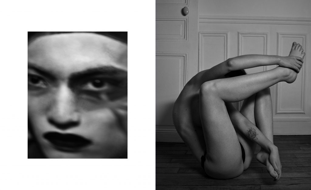 Photographies artistiques en noir et blanc d’une femme et un visage en vis-a-vis ambiance parisienne onirique – photographie par Olivier Jeanne-Rose