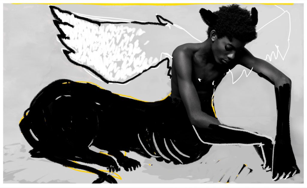 Portrait créatif mix de dessin et de photo noir et blanc d un homme qui est transformé en sphinx – photographie par Olivier Jeanne-Rose