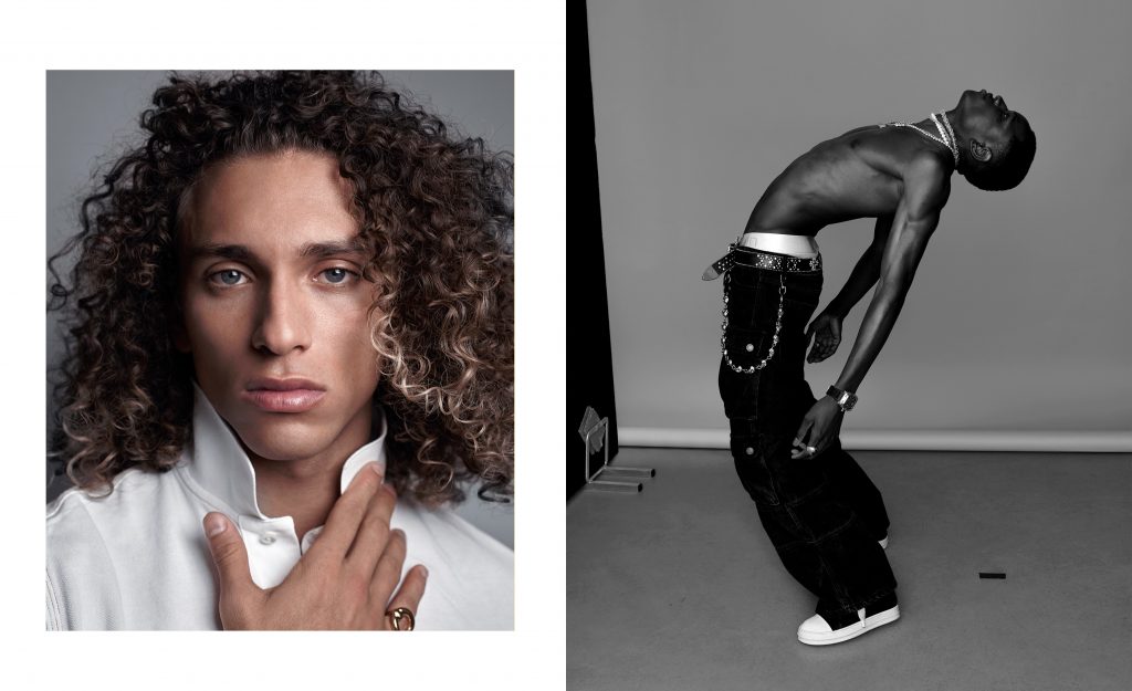 Portrait en studio d’un homme qui dance et d un model qui regarde très intensément la camera – photographie par Olivier Jeanne-Rose