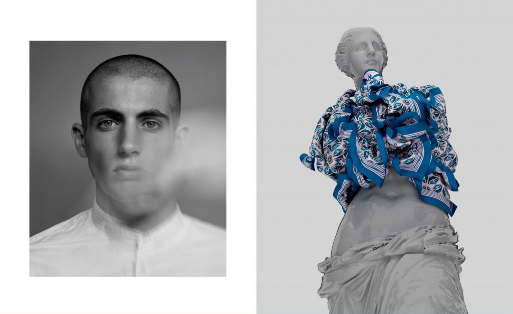 Portrait classique en noir et blanc d’un homme avec en face une photo de nature morte montrant des foulards qui s enroulent autour d une statue antique – photographie par Olivier Jeanne-Rose