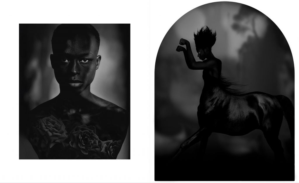 Portrait artistique en noir et blanc d’un-buste d'homme surréaliste et une femme centaure – photographie par Olivier Jeanne-Rose