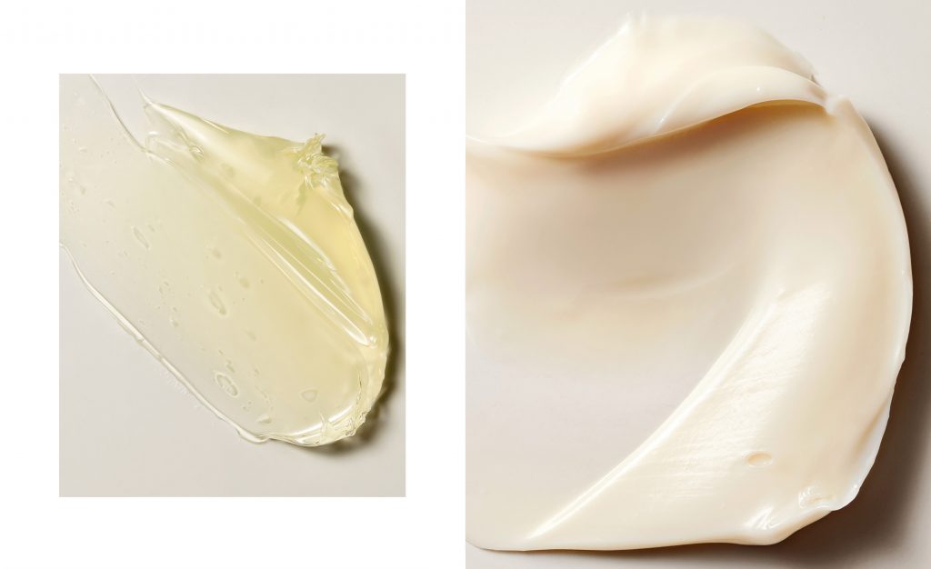 Nature morte créative de produits cosmétiques leur texture et la matière en gros plans pour une campagne publicitaire de crème de soin – photographie par Olivier Jeanne-Rose